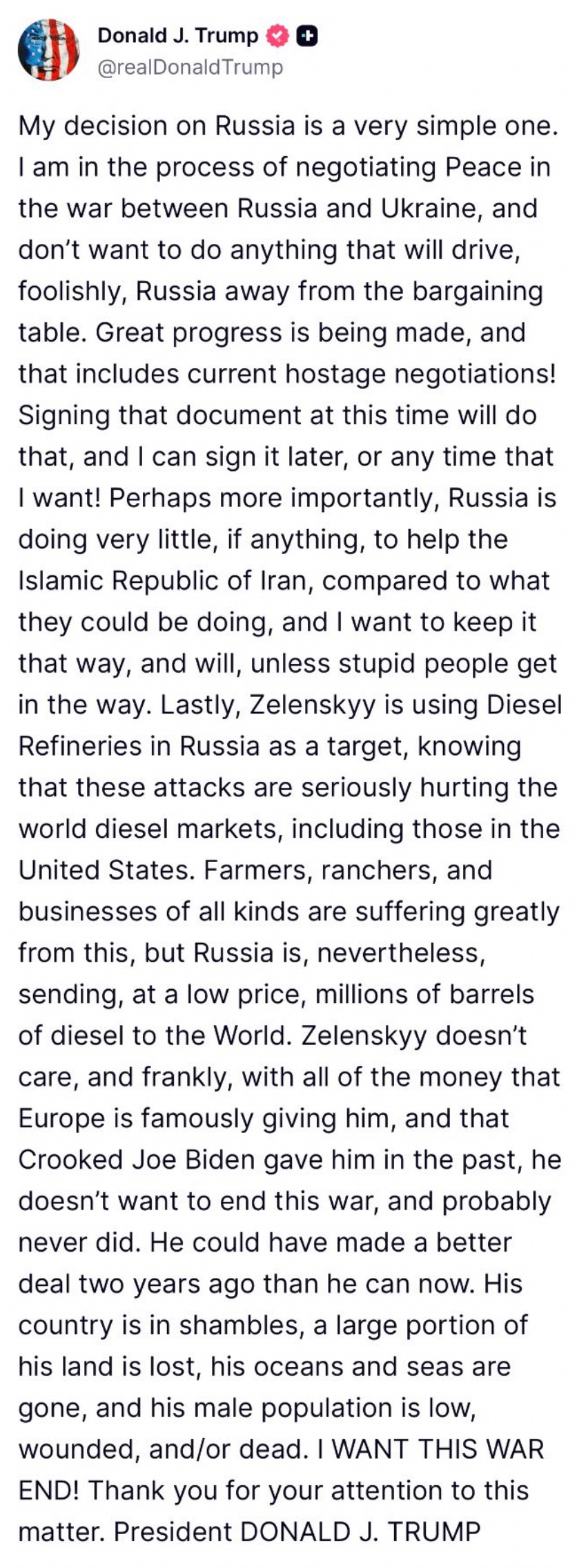 A Truth Social post by Donald J. Trump explaining his stance on Russia, the Russia-Ukraine peace negotiations, and criticizing Zelenskyy.